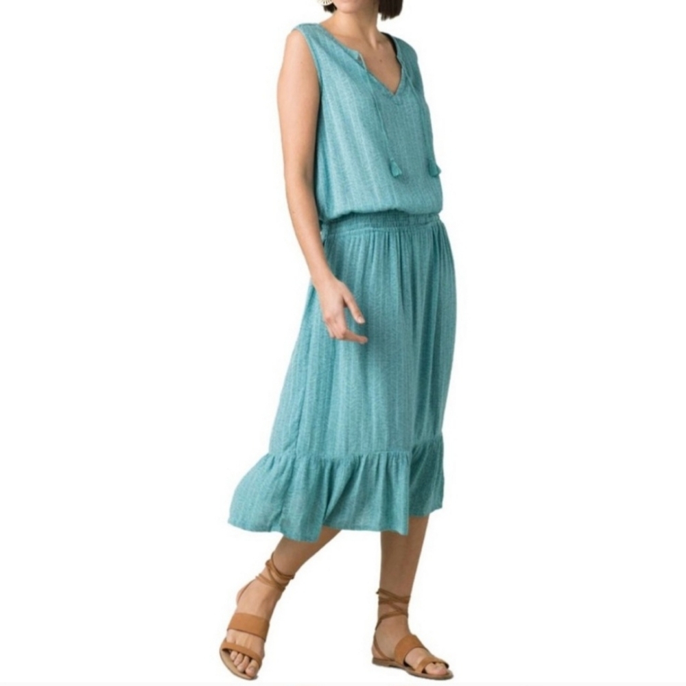Prana Sentinel Elastic Waist Teal Patterned Midi Dress
